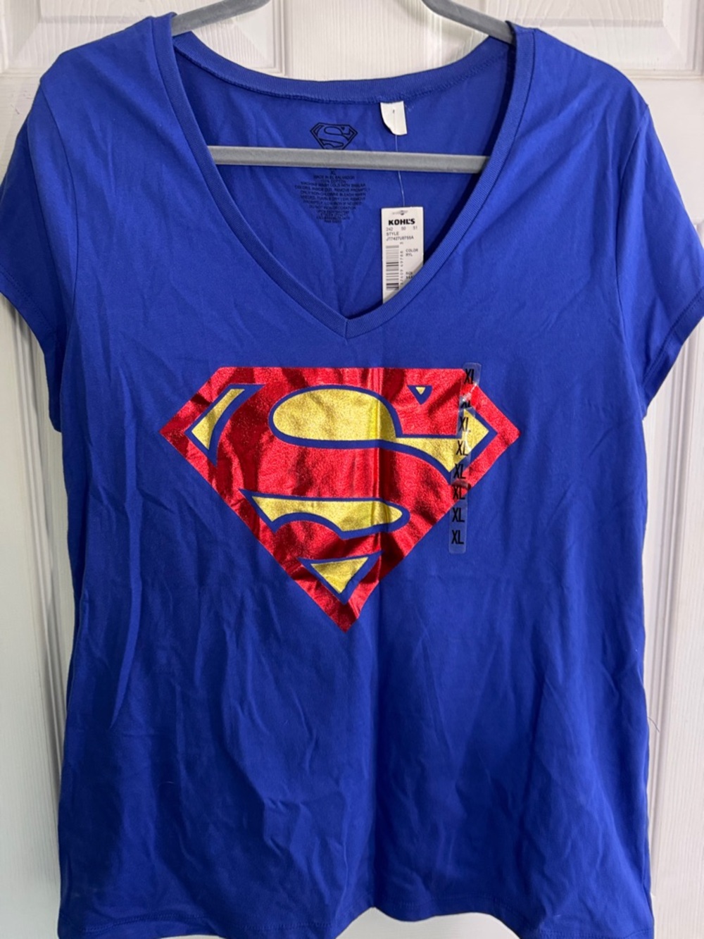 Kohl's Blue V-Neck Superman Graphic Tee with Red and Gold Shield